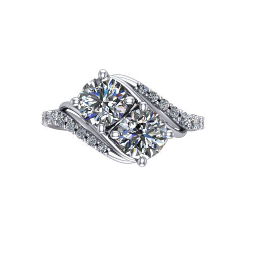 Gwen round three stone engagement ring in Platinum, top-down view showing two brilliant round diamonds set diagonally in a toi et moi arrangement above the pave wraparound shank