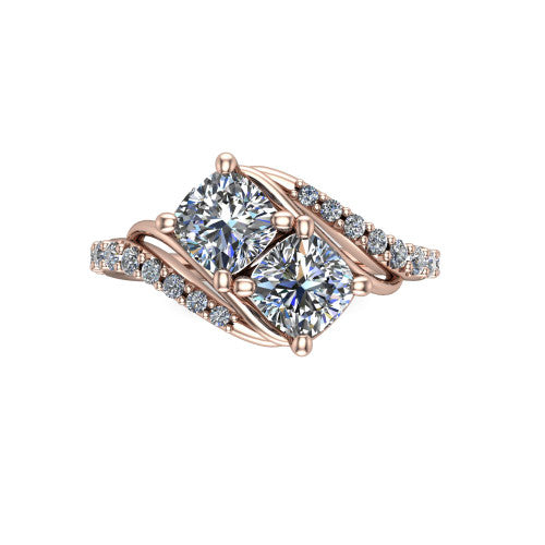 Gwen cushion three stone engagement ring in 18K Rose Gold, top-down view showing two brilliant cushion-cut diamonds set diagonally in a toi et moi arrangement above the pave wraparound shank