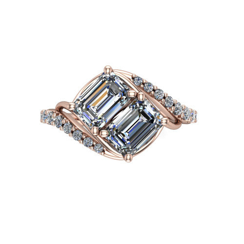Gwen emerald three stone engagement ring in 14K Rose Gold, top-down view showing two step-cut emerald diamonds set diagonally in a toi et moi arrangement above the pave wraparound shank