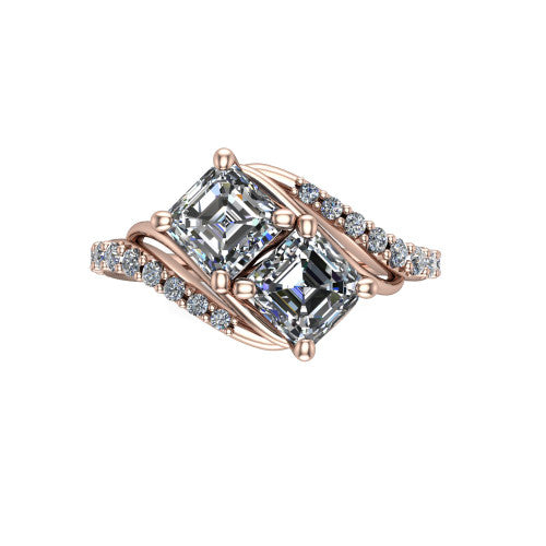 Gwen square emerald three stone engagement ring in 18K Rose Gold, top-down view showing two step-cut square emerald diamonds set diagonally in a toi et moi arrangement above the pave wraparound shank