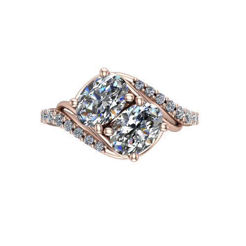 Gwen oval three stone engagement ring in 14K Rose Gold, top-down view showing two brilliant oval diamonds set diagonally in a toi et moi arrangement above the pave wraparound shank