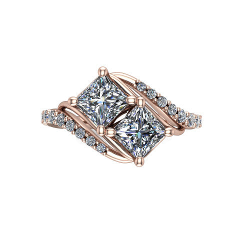Gwen princess three stone engagement ring in 18K Rose Gold, top-down view showing two brilliant princess-cut diamonds set diagonally in a toi et moi arrangement above the pave wraparound shank