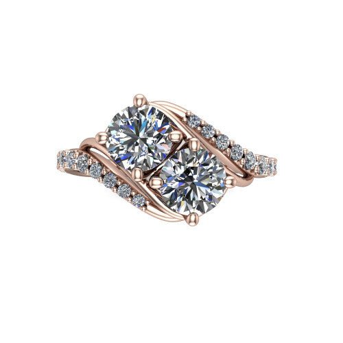 Gwen round three stone engagement ring in 14K Rose Gold, top-down view showing two brilliant round diamonds set diagonally in a toi et moi arrangement above the pave wraparound shank