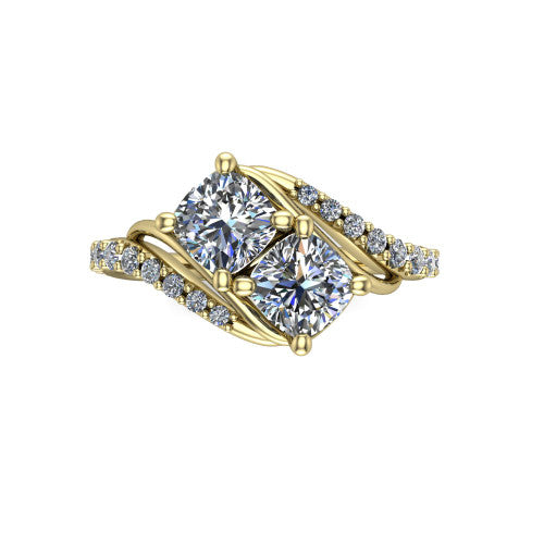 Gwen cushion three stone engagement ring in 18K Yellow Gold, top-down view showing two brilliant cushion-cut diamonds set diagonally in a toi et moi arrangement above the pave wraparound shank