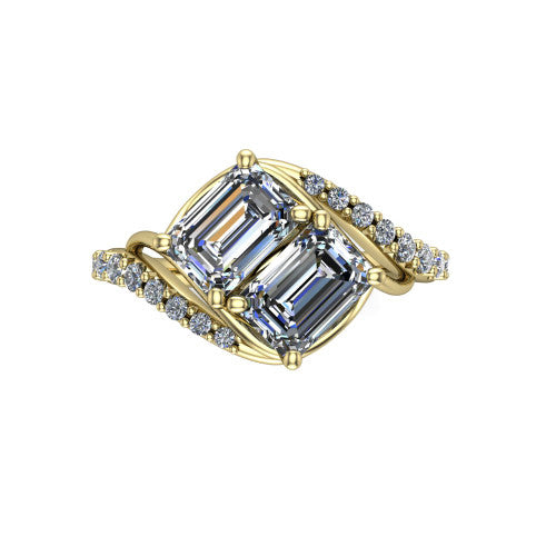 Gwen emerald three stone engagement ring in 14K Yellow Gold, top-down view showing two step-cut emerald diamonds set diagonally in a toi et moi arrangement above the pave wraparound shank