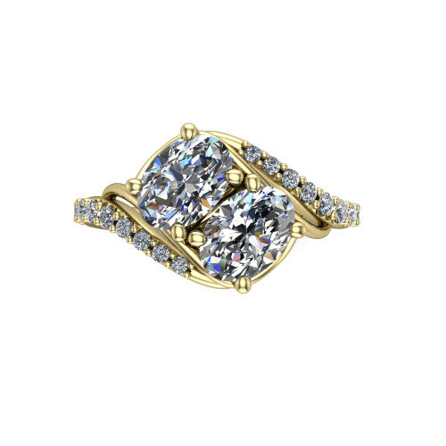 Gwen oval three stone engagement ring in 18K Yellow Gold, top-down view showing two brilliant oval diamonds set diagonally in a toi et moi arrangement above the pave wraparound shank