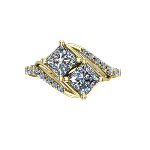 Gwen princess three stone engagement ring in 18K Yellow Gold, top-down view showing two brilliant princess-cut diamonds set diagonally in a toi et moi arrangement above the pave wraparound shank