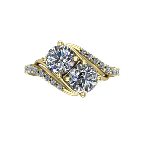 Gwen round three stone engagement ring in 18K Yellow Gold, top-down view showing two brilliant round diamonds set diagonally in a toi et moi arrangement above the pave wraparound shank