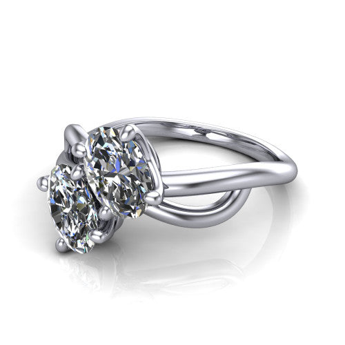 Mya oval three stone engagement ring in 14K White Gold, three-quarter perspective showing two brilliant oval diamonds set diagonally on a polished infinity-loop shank