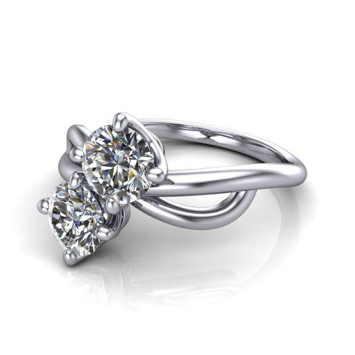 Mya round three stone engagement ring in 14K White Gold, three-quarter perspective showing two brilliant round diamonds set diagonally on a polished infinity-loop shank