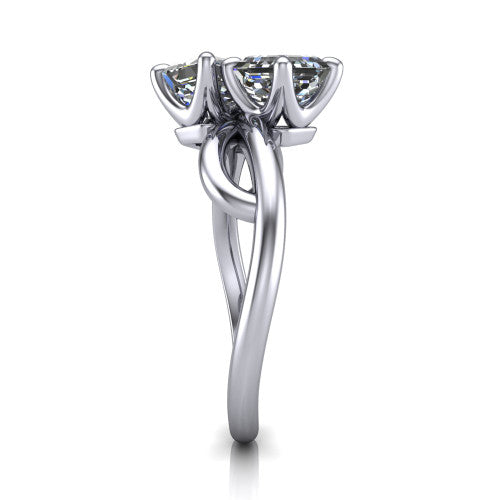 Mya square emerald three stone engagement ring in 18K White Gold, side profile showing the band crossing beneath the head as a smooth polished infinity loop
