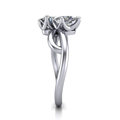 Mya oval three stone engagement ring in 14K White Gold, side profile showing the band crossing beneath the head as a smooth polished infinity loop