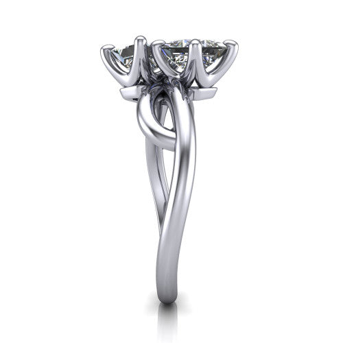 Mya princess three stone engagement ring in Platinum, side profile showing the band crossing beneath the head as a smooth polished infinity loop