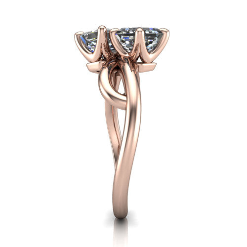 Mya square emerald three stone engagement ring in 18K Rose Gold, side profile showing the band crossing beneath the head as a smooth polished infinity loop