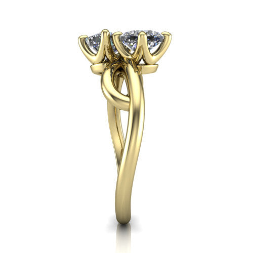 Mya cushion three stone engagement ring in 18K Yellow Gold, side profile showing the band crossing beneath the head as a smooth polished infinity loop