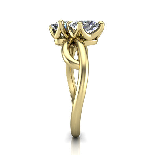 Mya oval three stone engagement ring in 18K Yellow Gold, side profile showing the band crossing beneath the head as a smooth polished infinity loop