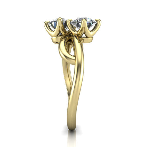 Mya round three stone engagement ring in 14K Yellow Gold, side profile showing the band crossing beneath the head as a smooth polished infinity loop