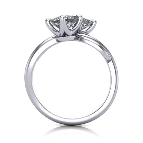 Mya princess three stone engagement ring in 14K White Gold, through-finger front profile showing the two-stone head and polished infinity-loop band