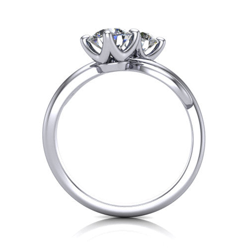 Mya round three stone engagement ring in 18K White Gold, through-finger front profile showing the two-stone head and polished infinity-loop band