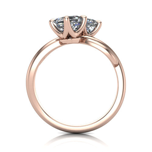 Mya square emerald three stone engagement ring in 18K Rose Gold, through-finger front profile showing the two-stone head and polished infinity-loop band