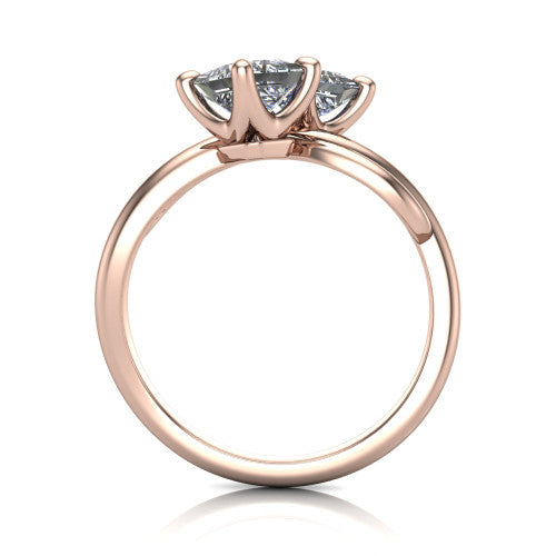Mya princess three stone engagement ring in 18K Rose Gold, through-finger front profile showing the two-stone head and polished infinity-loop band