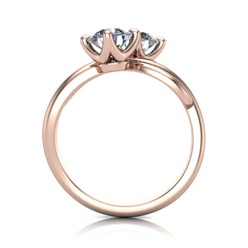 Mya round three stone engagement ring in 18K Rose Gold, through-finger front profile showing the two-stone head and polished infinity-loop band