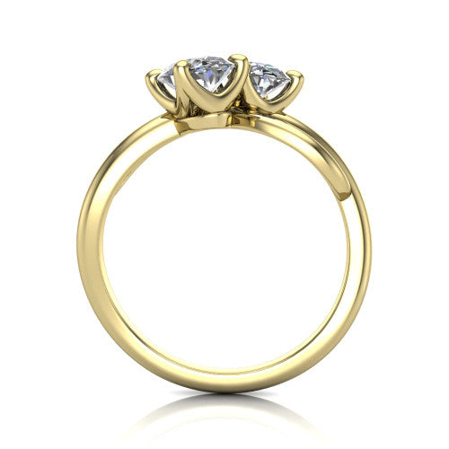 Mya oval three stone engagement ring in 14K Yellow Gold, through-finger front profile showing the two-stone head and polished infinity-loop band