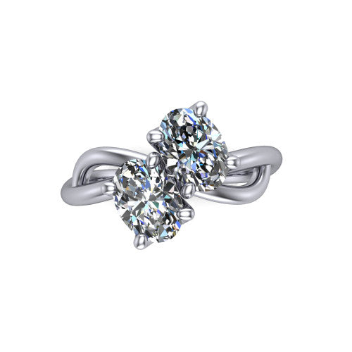 Mya oval three stone engagement ring in 14K White Gold, top-down view showing two brilliant oval diamonds set diagonally in a toi et moi arrangement above the infinity-loop shank