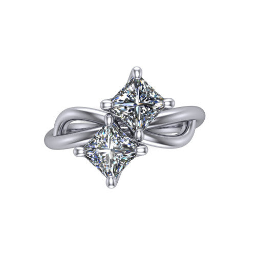 Mya princess three stone engagement ring in Platinum, top-down view showing two brilliant princess-cut diamonds set diagonally in a toi et moi arrangement above the infinity-loop shank