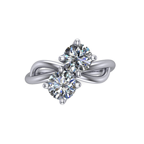 Mya round three stone engagement ring in 14K White Gold, top-down view showing two brilliant round diamonds set diagonally in a toi et moi arrangement above the infinity-loop shank