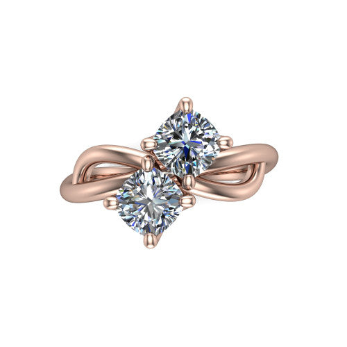 Mya cushion three stone engagement ring in 18K Rose Gold, top-down view showing two brilliant cushion-cut diamonds set diagonally in a toi et moi arrangement above the infinity-loop shank