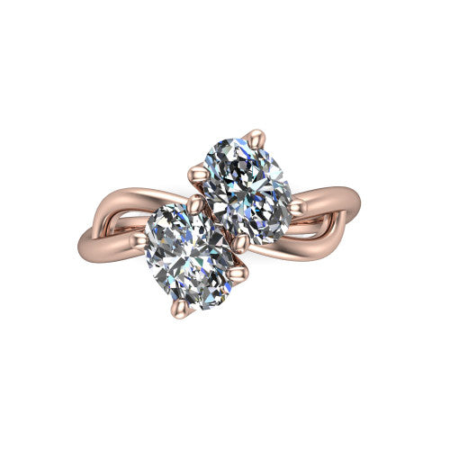 Mya oval three stone engagement ring in 14K Rose Gold, top-down view showing two brilliant oval diamonds set diagonally in a toi et moi arrangement above the infinity-loop shank