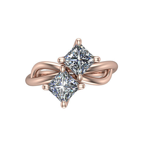 Mya princess three stone engagement ring in 18K Rose Gold, top-down view showing two brilliant princess-cut diamonds set diagonally in a toi et moi arrangement above the infinity-loop shank