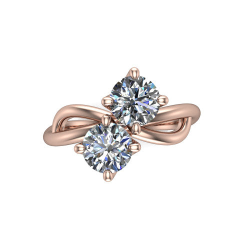 Mya round three stone engagement ring in 14K Rose Gold, top-down view showing two brilliant round diamonds set diagonally in a toi et moi arrangement above the infinity-loop shank