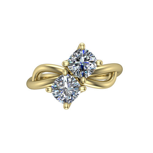 Mya cushion three stone engagement ring in 18K Yellow Gold, top-down view showing two brilliant cushion-cut diamonds set diagonally in a toi et moi arrangement above the infinity-loop shank