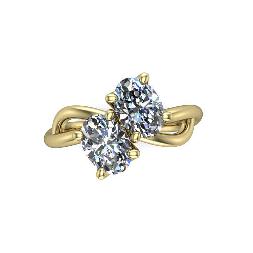 Mya oval three stone engagement ring in 14K Yellow Gold, top-down view showing two brilliant oval diamonds set diagonally in a toi et moi arrangement above the infinity-loop shank