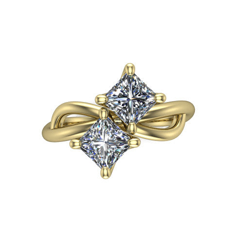 Mya princess three stone engagement ring in 14K Yellow Gold, top-down view showing two brilliant princess-cut diamonds set diagonally in a toi et moi arrangement above the infinity-loop shank
