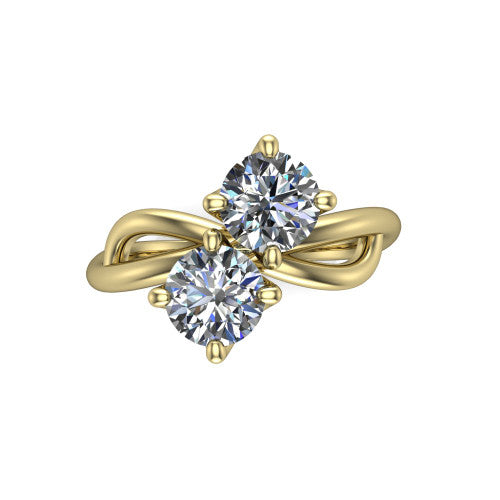 Mya round three stone engagement ring in 14K Yellow Gold, top-down view showing two brilliant round diamonds set diagonally in a toi et moi arrangement above the infinity-loop shank