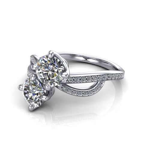 Angelina round three stone engagement ring in 14K White Gold, three-quarter perspective showing two brilliant round diamonds set diagonally on a pave infinity-loop shank
