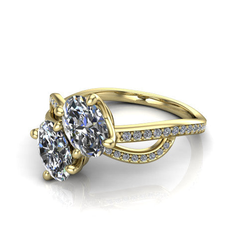 Angelina oval three stone engagement ring in 14K Yellow Gold, three-quarter perspective showing two brilliant oval diamonds set diagonally on a pave infinity-loop shank