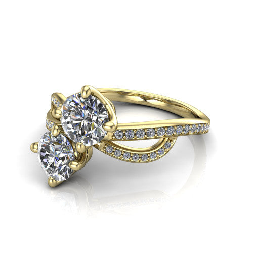 Angelina round three stone engagement ring in 14K Yellow Gold, three-quarter perspective showing two brilliant round diamonds set diagonally on a pave infinity-loop shank