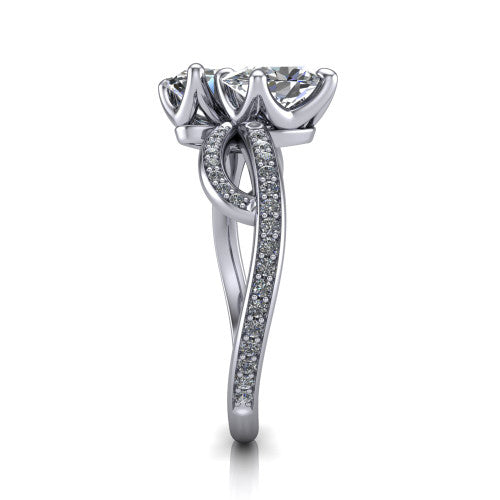 Angelina oval three stone engagement ring in 14K White Gold, side profile showing the band crossing beneath the head as a pave-covered infinity loop
