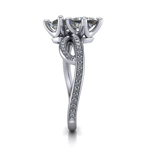 Angelina princess three stone engagement ring in 14K White Gold, side profile showing the band crossing beneath the head as a pave-covered infinity loop