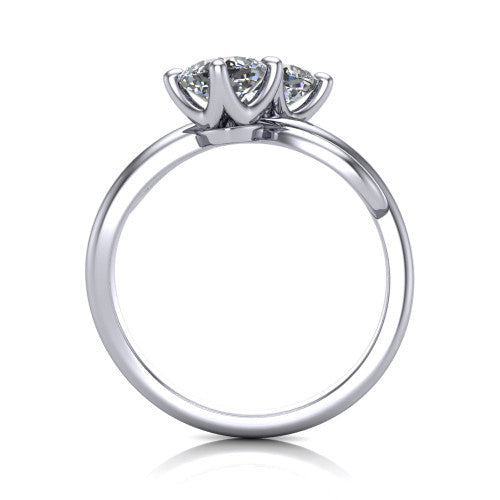 Angelina cushion three stone engagement ring in 14K White Gold, through-finger front profile showing the two-stone head and pave infinity-loop band