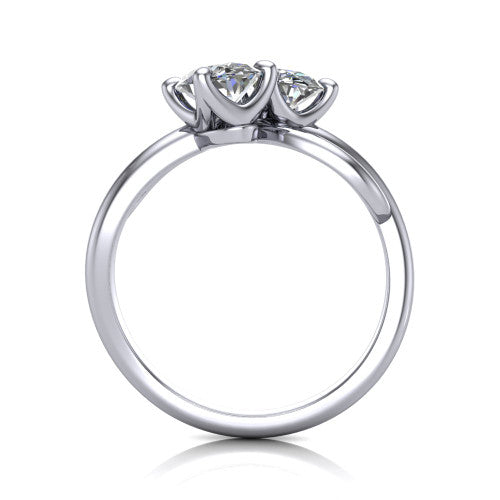 Angelina oval three stone engagement ring in 18K White Gold, through-finger front profile showing the two-stone head and pave infinity-loop band