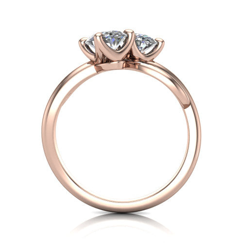 Angelina oval three stone engagement ring in 14K Rose Gold, through-finger front profile showing the two-stone head and pave infinity-loop band