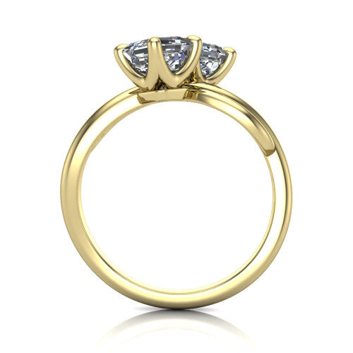 Angelina square emerald three stone engagement ring in 14K Yellow Gold, through-finger front profile showing the two-stone head and pave infinity-loop band