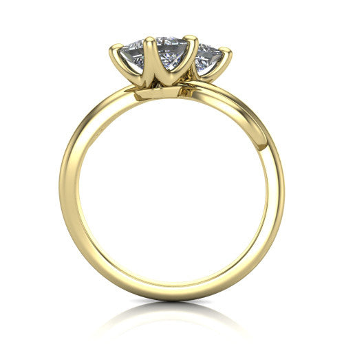 Angelina princess three stone engagement ring in 18K Yellow Gold, through-finger front profile showing the two-stone head and pave infinity-loop band
