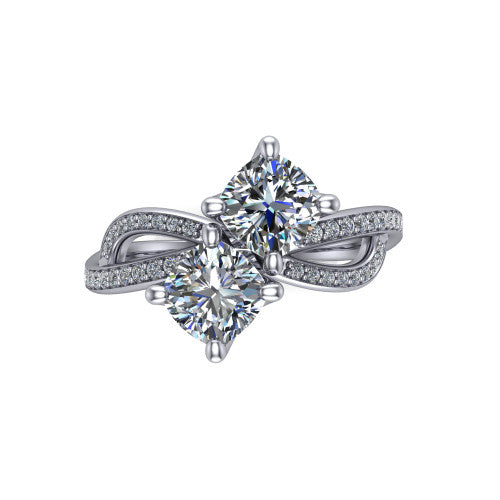 Angelina cushion three stone engagement ring in Platinum, top-down view showing two brilliant cushion-cut diamonds set diagonally in a toi et moi arrangement above the infinity-loop shank