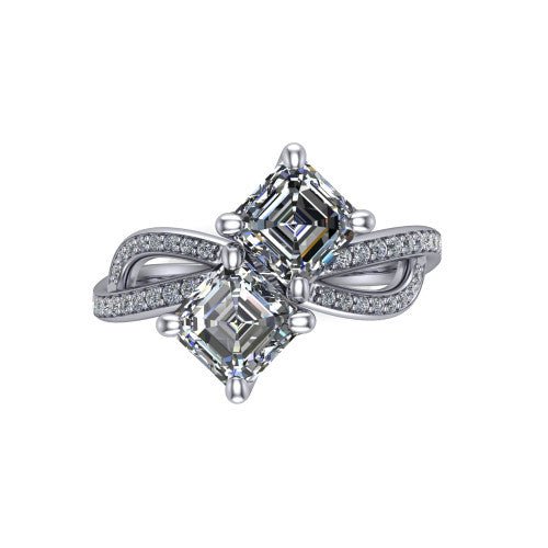 Angelina square emerald three stone engagement ring in 18K White Gold, top-down view showing two step-cut square emerald diamonds set diagonally in a toi et moi arrangement above the infinity-loop shank